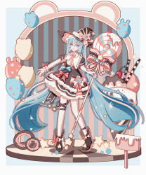  absurdres animal_balloon balloon bg5120 blue_bow blue_eyes blue_hair blue_nails blue_ribbon border bow candy cherry commentary_request doughnut dress female food fruit full_body hat hatsune_miku highres holding holding_candy holding_food holding_lollipop ice_cream icing lace_trim lollipop long_hair looking_ahead multicolored_hair multiple_thigh_straps nail_polish open_mouth pastel_colors pink_bow pink_ribbon pink_streaks ribbon solo sparkle sprinkles star_(symbol) streaked_hair striped_background swirl_lollipop twintails very_long_hair vocaloid wafer_stick white_border witch_hat wrapped_candy wrist_cuffs yellow_bow yellow_ribbon 