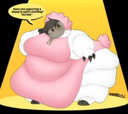  alternate_species anthro blush breasts brown_body brown_fur brown_hair canid canine canis chikn_nuggit claws clothing cofi_(chikn_nuggit) dialogue female fur hair hi_res hooves looking_at_viewer mammal morbidly_obese morbidly_obese_anthro morbidly_obese_female obese obese_anthro obese_female one_tooth onesie open_mouth overweight overweight_anthro overweight_female pupils red_pupils sheep_ears sheep_tail shinybelly signature solo spotlight wolf wolf_in_sheep&#039;s_clothing wool_(fur) yellow_eyes zipper 