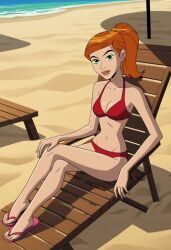  ai_generated beach beach_chair ben_10 ben_10_ultimate_alien bikini breasts cleavage feet female female_focus female_only flip_flops ginger ginger_hair gwen_tennyson medium_breasts orange_hair ponytail 