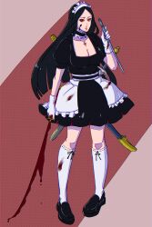  apron black_dress black_footwear black_hair bleach blood blood_on_face blood_on_hands blood_on_weapon breasts brown_background choker closed_mouth dress dual_wielding female gloves highres holding holding_sword holding_weapon large_breasts loafers long_hair looking_at_viewer maid maid_apron maid_headdress parted_bangs puffy_short_sleeves puffy_sleeves red_eyes ribbon_choker scar scar_on_chest shoes short_sleeves socks solo strikek-lvvjm27 sword unohana_retsu weapon white_gloves white_socks 