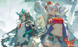  2girls absurdres arknights arms_up bandeau bare_shoulders belt black_belt black_hair black_jacket chinese_commentary coat colored_extremities commentary_request cowboy_shot crop_top dragon_girl dragon_horns dress dusk_(arknights) earrings green_hair green_horns hair_over_one_eye highres horns jacket jewelry long_hair long_sleeves looking_at_viewer midriff multicolored_hair multiple_girls navel necktie nian_(arknights) off_shoulder one_eye_covered open_clothes open_coat open_jacket outdoors parted_lips plant pointy_ears purple_eyes red_bandeau red_eyes red_hair red_horns red_necktie rui_(gsr1982) short_dress shorts sleeveless sleeveless_dress standing strapless streaked_hair tongue tongue_out tree watermark weibo_logo weibo_watermark white_coat white_dress white_hair white_shorts 