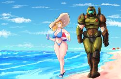  1boy armor artist_name assault_visor ball beach bikini blonde_hair blue_eyes blue_visor blush breasts commentary crossover doom_(series) doom_eternal doomguy english_commentary female full_body gauntlets green_armor hat highres large_breasts long_hair metroid metroid_dread mole mole_under_mouth outdoors ponytail praetor_suit samus_aran shoulder_cannon smile spartans_doodles super_smash_bros. swimsuit twitter_username walking 