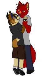  2011 aj_(ajbob) aliasing anthro black_clothing black_footwear black_hair black_shoes blue_(sebdoggo) blue_bottomwear blue_clothing blue_eyes blue_inner_ear blue_nose blue_pants bottomwear brown_body brown_bottomwear brown_clothing brown_eyes brown_fur brown_shorts canid canine canis clothed clothing digital_drawing_(artwork) digital_media_(artwork) domestic_dog duo eye_contact eyebrows flat_colors footwear fox full-length_portrait fully_clothed fur grey_clothing grey_footwear grey_nose grey_sclera grey_shirt grey_socks grey_t-shirt grey_topwear grin hair head_tuft herding_dog humanoid_hands hybrid looking_at_another looking_up_at_another male mammal microsoft_paint_(artwork) mixed_breed orange_inner_ear orange_sclera pants pastoral_dog plantigrade portrait raised_eyebrow red_body red_fur sebdoggo shirt shorts simple_background size_difference smile smiling_at_each_other socks t-shirt tail tan_body tan_fur teeth tiptoes topwear trans_(lore) trans_man_(lore) tuft welsh_corgi white_background wolf wrist_grab 