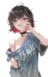  absurdres black_choker black_hair blue_shirt brushing_teeth choker colored_inner_hair dino_(dinoartforame) ellen_joe female hair_between_eyes hair_ornament hairclip highres looking_ahead messy_hair mole mole_under_eye multicolored_hair oerba_yun_fang open_mouth red_eyes red_hair shirt short_hair short_sleeves sidelocks simple_background single_bare_shoulder single_off_shoulder skin_fang solo upper_body white_background zenless_zone_zero 