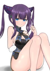  atsumisu bad_id bad_pixiv_id bare_legs bare_shoulders black_dress blue_eyes blush breasts cleavage closed_mouth commentary_request convenient_leg dress fate/grand_order fate_(series) feet_out_of_frame female hair_ornament hand_up knees_up long_hair purple_hair shadow sitting sleeveless sleeveless_dress small_breasts smile solo thighs twintails white_background yang_guifei_(fate) yang_guifei_(second_ascension)_(fate) 