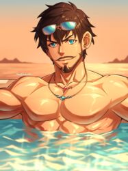  1boy absurdres bara beard blue_eyes brown_hair desert dragalia_lost earrings eyewear_on_head facial_hair hair_between_eyes highres jewelry looking_at_viewer male_focus muscular muscular_male naveed necklace partially_submerged pectorals pool short_hair simple_background smile solo stud_earrings sunglasses water yaekaidou 