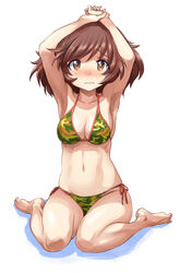  akiyama_yukari armpits arms_up barefoot bikini blush breasts brown_eyes brown_hair camouflage camouflage_bikini cleavage closed_mouth commentary_request embarrassed female frown full_body gemu555 girls_und_panzer green_bikini halterneck looking_at_viewer medium_breasts medium_hair messy_hair navel own_hands_together shadow side-tie_bikini_bottom sitting solo string_bikini swimsuit wariza 