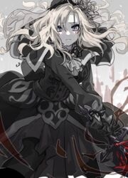  ascot balmung_(fate/apocrypha) black_capelet black_dress black_flower black_gloves black_hat black_rose breasts capelet dress fate/grand_order fate_(series) female flower gloves grey_eyes hat holding holding_sword holding_weapon kriemhild_(fate) kriemhild_(first_ascension)_(fate) large_breasts long_hair long_sleeves looking_at_viewer mole mole_under_eye rose solo sword tekuteku_aruko veil weapon white_hair 