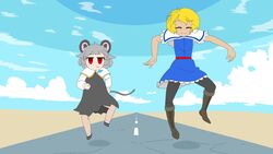  2girls alice_margatroid animal_ears animated animated band_of_the_bold black_dress black_footwear black_legwear blue_dress blue_sky blush bouncing capelet closed_eyes closed_mouth cloud commentary_request cookie_(touhou) day desert dress full_body grey_hair hair_between_eyes highres horizon jewelry kofji_(cookie) long_sleeves looking_at_viewer looping_animation meme meow25meow mouse_ears mouse_tail multiple_girls nazrin open_mouth outdoors pantyhose parody pendant red_sash road sash shirt short_hair sky smile tail touhou walking web_(cookie) white_capelet white_shirt 