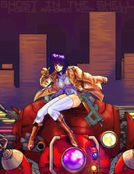  absurdres blue_hair bodysuit breasts brown_eyes can copyright_name english_commentary female fuchikoma ghost_in_the_shell gun highres holding holding_can holding_gun holding_weapon kusanagi_motoko looking_at_viewer mecha medium_breasts medium_hair parted_lips sitting skyline strictly_mecha weapon 