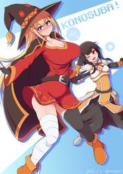  2girls bandaged_leg bandages belt black_hair black_thighhighs blonde_hair blue_eyes blush breasts brown_hair cape commentary_request cosplay costume_switch darkness_(konosuba) darkness_(konosuba)_(cosplay) dress fingerless_gloves gloves hair_between_eyes hair_ornament hat highres kono_subarashii_sekai_ni_shukufuku_wo! large_breasts long_hair looking_at_viewer megumin megumin_(cosplay) multiple_girls open_mouth ponponmaru ponytail red_dress red_eyes short_hair single_thighhigh smile thighhighs witch_hat x_hair_ornament 