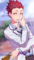  1boy absurdres artist_name belt blazer blurry blurry_background commentary_request commission day food formal haikyuu!! hand_up highres jacket licking licking_finger male_focus necktie outdoors pita_(ppp) popsicle purple_necktie red_eyes red_hair school solo spiked_hair standing suit tendou_satori white_jacket 