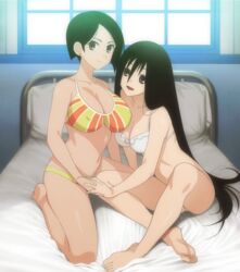  2girls age_difference arai_chie barefoot bed_sheet bikini black_hair breasts brown_eyes cleavage closed_mouth collarbone commentary_request covered_nipples feet full_body hair_between_eyes hands highres holding_hands komori_kiri large_breasts long_hair looking_at_viewer medium_breasts multicolored_bikini multicolored_clothes multiple_girls on_bed open_mouth orange_bikini revision sayonara_zetsubou_sensei short_hair sitting smile soles swimsuit teacher_and_student toes unknown_showhey very_long_hair wariza white_bikini window yellow_bikini yuri 