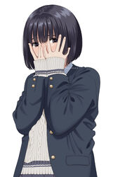  artist_name black_hair blazer blush bob_cut covering_face female jacket knit_sweater mattaku_mousuke original short_hair simple_background solo watermark white_background 