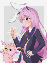  1other animal_ears arm_up black_eyes black_jacket blush border breasts buttons closed_mouth collared_jacket collared_shirt colored_skin crescent crossover female grey_background hair_between_eyes hand_on_own_hip hand_up heart highres jacket jojo_no_kimyou_na_bouken long_hair long_sleeves looking_to_the_side medium_breasts multicolored_eyes necktie orange_eyes pink_skin pink_skirt pointing purple_hair rabbit_ears red_necktie reisen_udongein_inaba shirt simple_background skirt smile stand_(jojo) standing star_(symbol) steel_ball_run tail tasuku_(tusktouhou4) touhou tusk_(stand) tusk_act1 white_border white_shirt yellow_eyes 