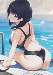  ass back bare_shoulders black_hair black_one-piece_swimsuit blue_eyes blush breasts commentary_request competition_swimsuit female goggles gridman_universe highleg highleg_swimsuit highres large_breasts long_hair looking_at_viewer looking_back one-piece_swimsuit parfaitlate pool pool_ladder poolside solo ssss.gridman swimsuit takarada_rikka thighs unworn_goggles water wet 