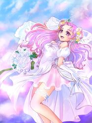  :d blue_ribbon bouquet cure_yell detached_sleeves dress earrings elbow_gloves female floating_hair flower gloves hair_flower hair_ornament highres holding holding_bouquet hugtto!_precure jewelry long_hair manekineko5319 nono_hana pink_eyes pink_hair precure ribbon rose short_sleeves sleeveless sleeveless_dress smile solo thigh_strap very_long_hair white_dress white_flower white_gloves white_rose white_sleeves yellow_flower 