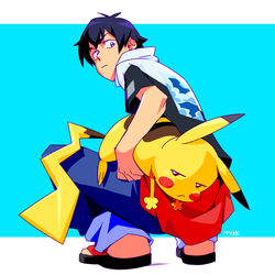  1boy black_hair blue_background blue_eyes carrying carrying_under_arm closed_mouth english_commentary gotcha! gotcha!_boy_(pokemon) high_collar highres jitome looking_at_viewer looking_back male_focus mikkusushi pikachu pokemon pokemon_(creature) sandals short_sleeves simple_background squatting 