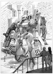  4boys absurdres canopy_(aircraft) commentary_request female greyscale gun hangar highres holding holding_gun holding_weapon long_hair looking_up mecha mobilesuit_alpha mobilesuit_beta monochrome motor_vehicle multiple_boys robot science_fiction side_arms side_arms_hyper_dyne skull_and_crossbones standing translation_request truck weapon yasuda_akira 