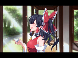  bare_shoulders black_border black_hair blurry blurry_background blush border bow breasts bush closed_eyes collared_dress commentary cup detached_sleeves dress female floor frills hair_between_eyes hair_ornament hair_tubes hakurei_reimu hand_up highres letterboxed long_sleeves medium_breasts necktie oerba_yun_fang open_mouth ponytail red_bow red_dress shadow short_hair smile solo standing sunlight tasuku_(tusktouhou4) tongue touhou tree wide_sleeves window yellow_necktie 