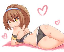  armband ass azure_striker_gunvolt back bikini black_bikini blue_hairband brown_eyes brown_hair closed_mouth commentary cougar_(cougar1404) crotch_seam female from_behind gunvolt_chronicles_luminous_avenger_ix hairband heart kohaku_(gunvolt) looking_at_viewer looking_back lying medium_hair on_stomach smile solo strapless strapless_bikini swimsuit white_background 