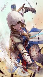  arrow_(projectile) assassin&#039;s_creed_(series) assassin&#039;s_creed_iii axe bow_(weapon) brown_eyes brown_gloves brown_hair coat connor_kenway connor_kenway_(cosplay) cosplay dual_wielding female fingerless_gloves girls_und_panzer gloves highres holding holding_axe holding_knife hood hood_up hooded_coat knife long_sleeves nishizumi_miho shinmai_(kyata) short_hair solo tomahawk weapon white_coat 