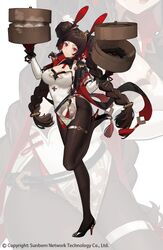  :3 animal_ears bamboo_steamer baozi black_footwear braid breasts brown_hair brown_pantyhose cleavage closed_mouth cropped_jacket detached_collar detached_sleeves double_bun dress fake_animal_ears female food full_body girls&#039;_frontline gloves gun hair_bun handgun high_heels highres large_breasts long_hair looking_at_viewer low_twin_braids official_alternate_costume official_art pantyhose projected_inset rabbit_ears red_eyes red_gloves rex_zero_1 rex_zero_1_(girls&#039;_frontline) rex_zero_1_(pervasive_aroma)_(girls&#039;_frontline) side_slit smile solo standing standing_on_one_leg steam strapless strapless_dress thigh_strap thighband_pantyhose twin_braids weapon white_dress wulazula 