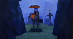  2others cape commentary_request female full_body funeral girls&#039;_frontline glasses glowing glowing_eye grass grave graveyard grin guitar_case highres instrument_case multiple_others mush necktie official_alternate_costume out_of_frame outdoors rain smile thompson_(girls&#039;_frontline) tombstone umbrella 