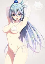  aqua_(konosuba) armpits arms_up asami_asami bikini blue_eyes blue_hair breasts choker commentary cowboy_shot duplicate elbow_gloves female gloves groin hair_between_eyes hair_ornament kono_subarashii_sekai_ni_shukufuku_wo! long_hair looking_at_viewer micro_bikini navel open_mouth photoshop_(medium) pixel-perfect_duplicate side-tie_bikini_bottom skindentation smile solo strap_gap string_bikini swimsuit thighs twitter_username underboob white_bikini white_gloves 