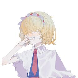  alice_margatroid blonde_hair blue_dress capelet chinese_commentary cigarette collared_capelet commentary_request cookie_(touhou) dress female frilled_hairband frills grin hair_between_eyes hair_over_eyes hairband jigen_(cookie) necktie on_(_l0_) red_hairband red_necktie red_sash sash sharp_teeth short_hair simple_background smile solo teeth touhou upper_body white_background white_capelet 