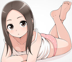  ass barefoot breasts brown_eyes brown_hair cleavage collarbone commentary_request feet female grey_background highres ito_kashiwamochi karakai_jouzu_no_takagi-san looking_at_viewer lying on_stomach panties pink_panties polka_dot polka_dot_panties shirt short_hair simple_background sleeveless sleeveless_shirt small_breasts soles solo takagi-san the_pose underwear white_shirt 