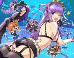  5girls ass back bare_shoulders bb_(fate) bb_(fate/extra) bb_(swimsuit_mooncancer)_(fate) bb_(swimsuit_mooncancer)_(second_ascension)_(fate) bead_bracelet beads belt bikini black_garter_belt black_gloves black_shorts black_thighhighs blush bracelet breasts brown_hair chaldea_uniform chibi dual_persona elephant_hat fate/extra fate/extra_ccc fate/grand_order fate_(series) feet fingerless_gloves fujimaru_ritsuka_(female) ganesha_(fate) garter_belt glasses gloves hair_ornament hair_ribbon hairband high_heels indian_clothes jewelry jinako_carigiri large_breasts long_hair looking_at_viewer looking_back loose_belt lying meltryllis_(fate) micro_shorts multiple_girls nail_polish neck_ribbon on_stomach one_eye_closed orange_hair platform_footwear purple_bikini purple_eyes purple_hair ribbon shorts star_(symbol) star_hair_ornament studded_garter_belt swimsuit tekuteku_aruko thighhighs thighs toenail_polish toenails toes very_long_hair wand white_belt 