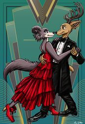  1920s anthro art_deco backless_clothing backless_dress bare_back beastars black_necktie black_tie_(suit) brown_body brown_fur canid canine canis cervine clothed clothing dancing deer dress duo eye_contact female footwear fur hand_holding hand_on_back hi_res high_heels interspecies juno_(beastars) looking_at_another looking_at_partner louis_(beastars) male male/female mammal multicolored_body multicolored_fur necktie predator/prey red_clothing red_deer red_dress romantic romantic_couple shoes suit thelivingshadow two_tone_body two_tone_fur white_body white_fur wolf 