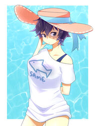  absurdres arm_behind_back artist_name blue_ribbon blue_swimsuit border commentary english_commentary eyebrows_visible_through_hair female grey_eyes hat hat_ribbon highres lyn_(shunao) outside_border persona persona_4 print_shirt purple_hair ribbon see-through shirogane_naoto shirt short_hair solo standing sun_hat swimsuit swimsuit_under_clothes t-shirt water wet wet_clothes wet_shirt wet_t-shirt white_border 