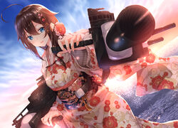  ahoge alternate_costume bad_id bad_pixiv_id blue_eyes blush braid brown_hair cloud cloudy_sky commentary_request female floral_print flower hair_between_eyes hair_flaps hair_flower hair_ornament highres japanese_clothes kantai_collection kimono long_sleeves looking_at_viewer new_year numpopo obi ocean open_mouth pose rigging sash shigure_(kancolle) shigure_kai_ni_(kancolle) sidelocks single_braid sky solo wide_sleeves 