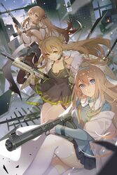  3girls :o :q assault_rifle bare_shoulders black_dress blue_eyes blue_hairband blurry bow breasts brown_hair brown_legwear building bullpup buttons choker cleavage cloak commentary creator_connection daewoo_k2 depth_of_field double-breasted double_bun dress english_commentary finger_on_trigger floating_hair fur-trimmed_jacket fur_trim girls&#039;_frontline glint gloves gradient green_eyes gun hair_between_eyes hair_bun hair_ornament hairband hairbow holding holding_gun holding_weapon jacket k2_(girls&#039;_frontline) kel-tec_rfb knee_up light_brown_hair long_hair long_sleeves looking_at_viewer looking_to_the_side medium_breasts multiple_girls off_shoulder open_clothes open_jacket outdoors pantyhose rfb_(girls&#039;_frontline) rifle sidelocks sitting sleeveless sleeveless_dress smile songjikyo submachine_gun suomi_(girls&#039;_frontline) suomi_kp/-31 thighhighs tongue tongue_out weapon white_cloak white_legwear wind 