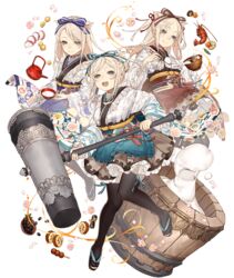  3girls :d animal_ears black_legwear blonde_hair blue_eyes blue_little_pig_(sinoalice) bow choker floral_print food frilled_kimono frills full_body green_little_pig_(sinoalice) hairbow japanese_clothes ji_no kettle kimono kine lolita_fashion long_hair looking_at_viewer maid mallet mochi mochi_trail mortar_(bowl) multiple_girls official_art open_mouth pig_ears plump red_little_pig_(sinoalice) sandals sash short_kimono shrimp siblings sinoalice sisters skinny smile teeth thighhighs transparent_background upper_teeth_only wa_lolita wa_maid 