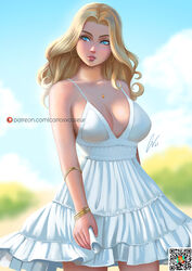  bare_shoulders blonde_hair blue_eyes bracelet breasts cleavage commentary commission dress earrings english_commentary female geravass head_tilt highres jewelry looking_to_the_side necklace original parted_bangs parted_lips pink_lips solo spaghetti_strap thick_lips white_dress 