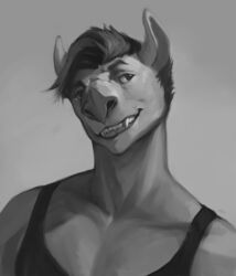  2015 anthro bat biped bust_portrait clothed clothing digital_media_(artwork) eyebrows fangs front_view grey_background greyscale grin hair hi_res iris male mammal monochrome portrait pupils shirt short_hair simple_background smile solo tank_top teeth topwear whiteleonard 