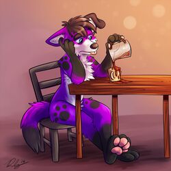  1:1 anthro beverage canid canine canis chair coffee coffee_mug container cup desk domestic_dog elkhound fur furniture hi_res male mammal pawalo pawpads paws purple_body purple_fur sitting solo spitz table tired tired_eyes tongue waywardmutt 