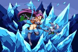  armor bikini_armor black_footwear black_gloves boots cape elbow_gloves female gloves headgear holding holding_staff holding_weapon ice icicle long_hair lowres magus_(seiken_densetsu_3) open_mouth pixel_art pointy_ears purple_hair seiken_densetsu seiken_densetsu_3 solo staff thigh_boots thighhighs warabin_(suteki_denpun) weapon 