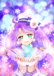  blue_eyes capelet closed_mouth cure_coral female fur-trimmed_capelet fur_trim hair_intakes hat head_tilt highres long_hair looking_at_viewer manekineko5319 precure purple_capelet purple_hair smile snowflakes solo suzumura_sango tropical-rouge!_precure upper_body very_long_hair white_hat wrist_cuffs 