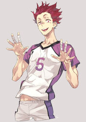  1boy arms_up bad_id bad_pixiv_id bandaged_fingers bandages collarbone commentary_request grey_background haikyuu!! looking_at_viewer male_focus open_mouth red_eyes red_hair shirt short_sleeves simple_background solo spiked_hair sportswear t-shirt teeth tendou_satori tongue toujou_sakana uniform volleyball_uniform 