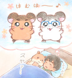  1boy :3 animalization bed black_hair blue-framed_eyewear closed_eyes commentary_request dark-skinned_male dark_skin dreaming glasses hamster hamtaro_(series) ice_skates katsuki_yuuri male_focus open_mouth phichit_chulanont skates sleeping smile stuffed_animal stuffed_hamster stuffed_toy takeshi_(mononohu20) thought_bubble translated under_covers yuri!!!_on_ice 