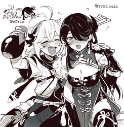  1boy arm_around_shoulder arrow_(symbol) beidou_(genshin_impact) boots breasts cleavage dress earrings eyepatch female genshin_impact gloves greyscale hair_behind_ear hair_over_one_eye holding_jug jewelry kaedehara_kazuha leotard medium_breasts monochrome one_eye_covered pants partially_fingerless_gloves personality_switch scarf shirt simple_background sitting smile thigh_boots togi9999 twitter_username white_background 