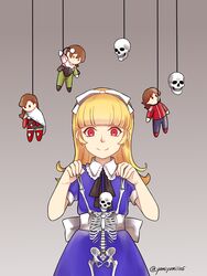  alice_(megami_tensei) blonde_hair blue_dress character_doll commentary_request dress female glowing glowing_eyes grey_background hair_ribbon highres kazuya_(megami_tensei) long_hair red_eyes ribbon shin_megami_tensei shin_megami_tensei_i signature skeleton skull_ornament smile solo x_x yuji_(megami_tensei) yuka_(megami_tensei) yumiyumi1105 