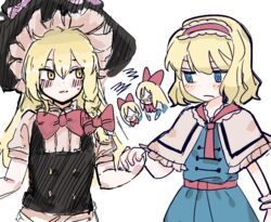  2girls alice_margatroid apron bad_id bad_twitter_id black_dress blonde_hair blue_dress blue_eyes blush bow bowtie braid buttons capelet closed_eyes closed_mouth collared_shirt dress flying frills hair_between_eyes hairband hairbow hand_up hat hat_bow kirisame_marisa korean_commentary long_hair long_sleeves looking_at_another looking_down multiple_girls necktie pink_hairband pink_necktie puffy_short_sleeves puffy_sleeves purple_bow rbfnrbf_(mandarin) red_bow red_bowtie shanghai_doll shirt short_hair short_sleeves simple_background single_braid smile standing touhou white_apron white_background white_shirt wrist_cuffs yellow_eyes 