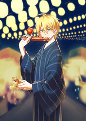  1boy blonde_hair blue_kimono blurry blurry_background candy_apple dango day eating food hair_between_eyes ikayaki japanese_clothes kimono male_focus night outdoors photoshop_(medium) sorges standing summer_festival takoyaki touken_ranbu wagashi wide_sleeves yamanbagiri_kunihiro yukata 