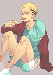  1boy angry arm_support bad_id bad_pixiv_id bare_legs biting black_hair blonde_hair blue_shirt collarbone commentary_request eating food grey_background haikyuu!! holding holding_food jacket kyoutani_kentarou long_sleeves looking_at_viewer male_focus mouth_hold multicolored_hair open_clothes open_jacket open_mouth red_jacket shirt short_sleeves shorts simple_background sitting solo t-shirt teeth toujou_sakana track_jacket two-tone_hair white_footwear 