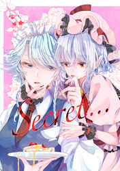  2girls ascot bat_wings blue_eyes blue_hair blue_vest bow braid breasts cake commentary_request cover cream cup dress fingernails food fruit grey_hair hair_between_eyes hairbow hand_up hat hat_ribbon holding holding_cup holding_plate honey izayoi_sakuya long_sleeves looking_at_another maid maid_headdress medium_breasts mob_cap multiple_girls nail_polish necktie pink_background pink_dress pink_headwear plate pointy_ears puffy_short_sleeves puffy_sleeves red_ascot red_bow red_eyes red_nails red_necktie red_ribbon remilia_scarlet ribbon sharp_fingernails shirt short_hair short_sleeves simple_background souta_(karasu_no_ouchi) strawberry strawberry_shortcake swept_bangs teacup tongue tongue_out touhou twin_braids upper_body vest white_hair white_shirt wings wrist_cuffs yuri 